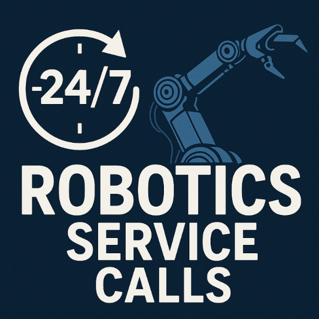 Robotic arm with '24/7 Robotics Service Calls' text on a dark blue background