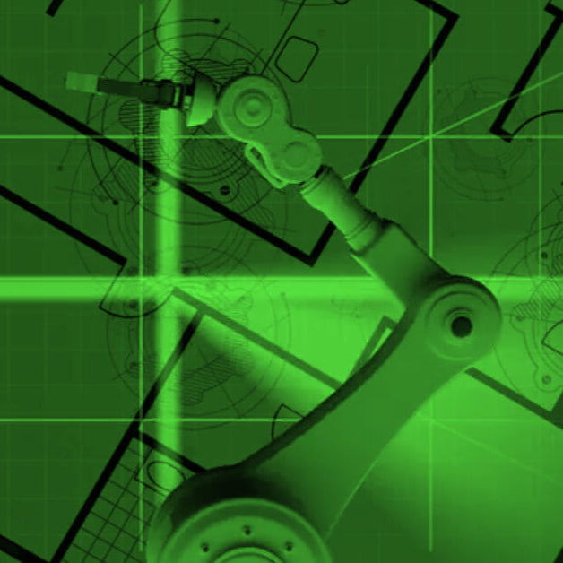 Static image of an industrial robotic arm in front of green digital blueprints and mechanical schematics, symbolizing precision, automation, and reliability engineering