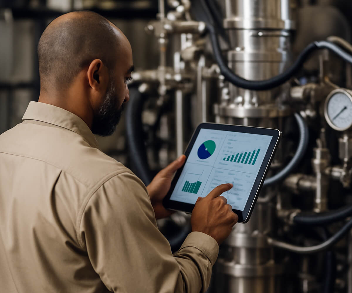 Technician reviewing performance metrics on a tablet in front of industrial machinery, demonstrating maintenance and reliability analysis