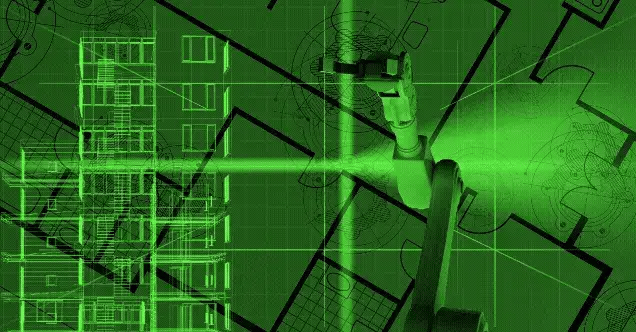 Looping animation of an industrial robotic arm overlaid with green engineering schematics and gears, representing reliability engineering and automation systems