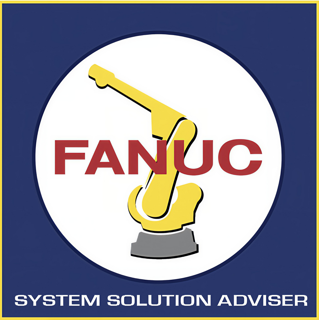 Fanuc logo with a yellow robot arm on a white circle against a blue background