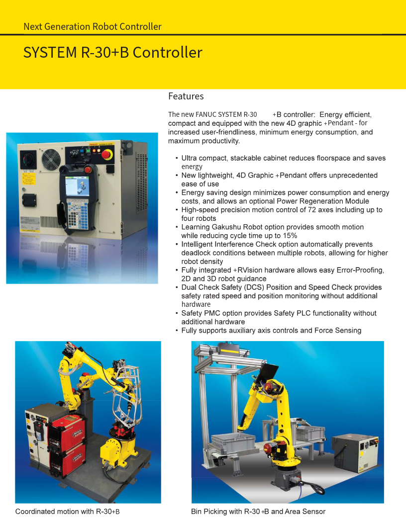 documentation of FANUC R-30iB controller cabinet with 4D Graphic Pendant, highlighting compact design, energy efficiency, and coordinated motion applications including bin picking with area sensor