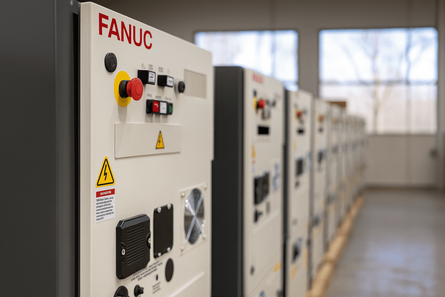 Row of industrial control panels with 'FANUC' branding in a room.