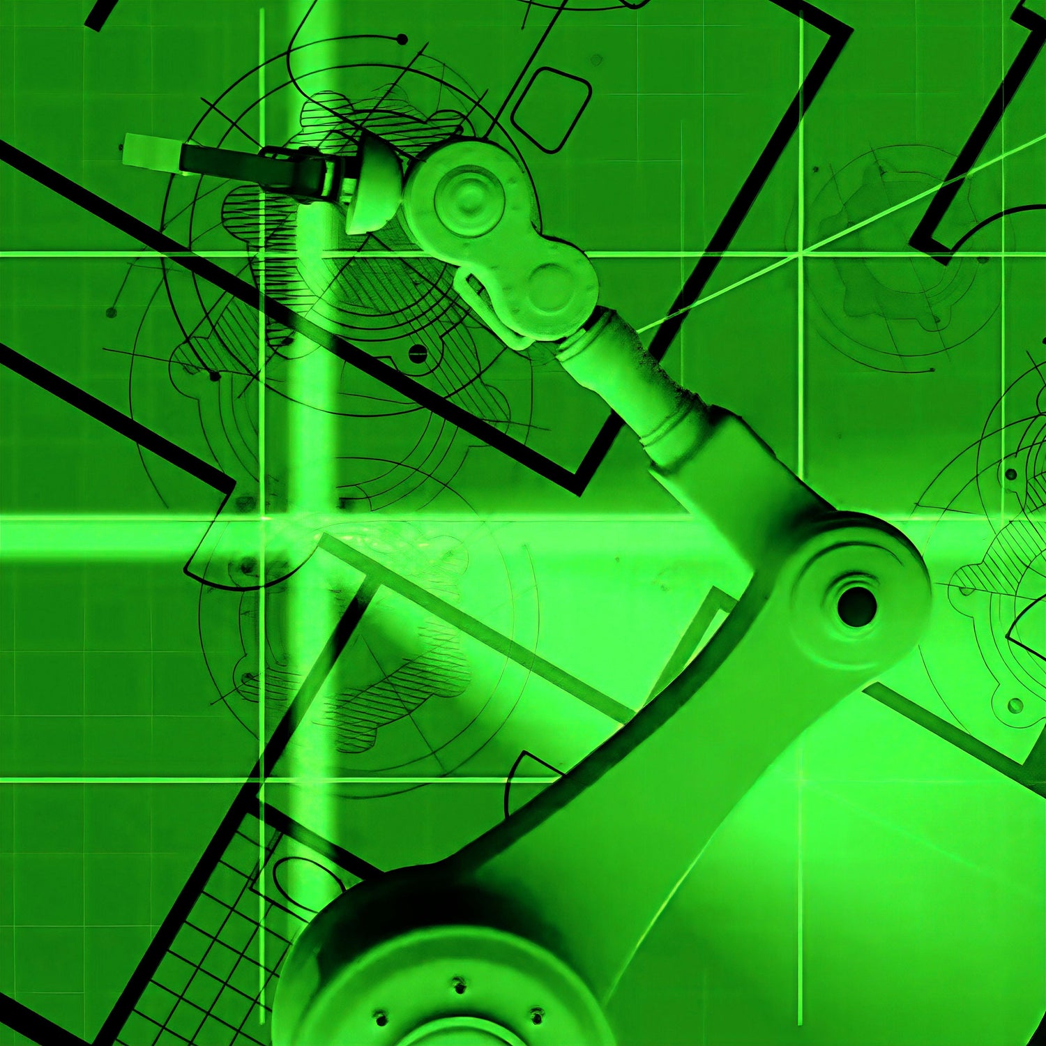 Mechanical arm on a green technical drawing background