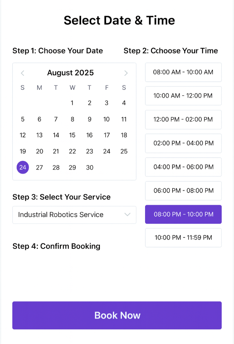 Robotics service booking interface for selecting a date and time with a calendar and time slots displayed