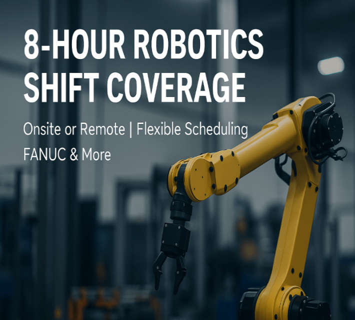 Robotic arm with text about 8-hour robotics shift coverage, onsite or remote, flexible scheduling, and support for FANUC