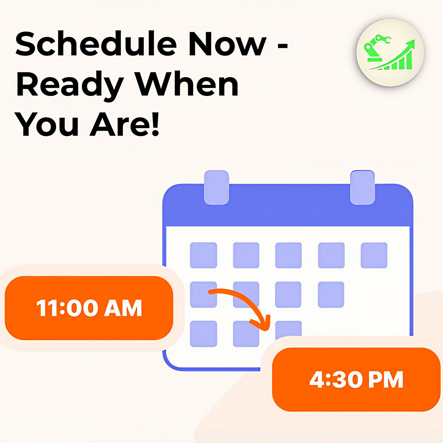 Calendar with time slots 11:00 AM and 4:30 PM, promoting scheduling flexibility.